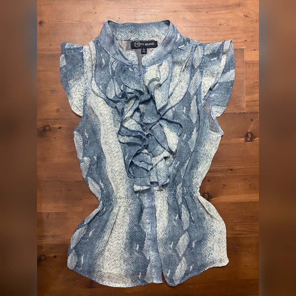 Mb my brand blue sheer chiffon snake print blouse ruffles